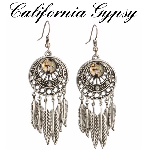 Silver Abalone Feather Bohemian Earrings - Picture 3 of 9